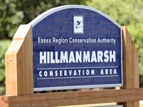A sign at Hillman Marsh Conservation area is seen on July 30, 2015.