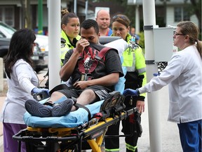 A mock nuclear material accident was staged at the Windsor Regional Hospital Met Campus on June 7, 2016. It was part of a countywide emergency exercise. Paramedics and emergency room nurses are shown with a victim and a special scanner during the exercise.