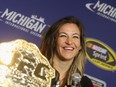 UFC Women's bantamweight champion Miesha Tate addresses the media as the Grand Marshall for the NASCAR Sprint Cup Series FireKeepers Casino 400 at Michigan International Speedway on June 12, 2016 in Brooklyn, Michigan.