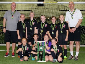 The Windsor Royals soccer team went undefeated to win the U10 girls gold division at the Jaguar Invitational in Novi, Mich. Front row, from left: Mikhaila Harris, Meghan Carvalho, Mya Palko, Cara Boyle, coach Chris Young, Emma Jewell, Emily Young, Emma Osley, Mya Mascaro, Gwen Wakeman, coach Anthony Mascaro
