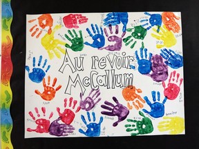A piece of artwork with the words "Au revoir McCallum" and student handprints are seen at Percy P. McCallum Public School on Friday, June 24, 2016 as pupils and staff say goodbye to the 61-year-old school.