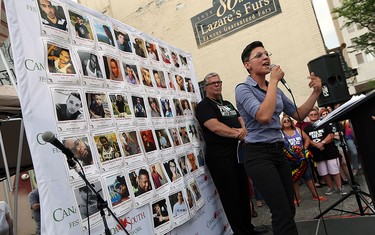 Rima Hanna speaks during a rally for the victims in Orlando, Florida in Maiden Lane in Windsor on Wednesday, June 15, 2016. The largely LGBT event was held following the mass shooting that took place at Pulse night club in Orlando.