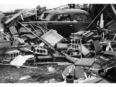 A car sits among the rubble after a tornado ripped through the Windsor area on June 17, 1946.