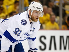 Steven Stamkos (91) of the Tampa Bay Lightning looks on during the second period against the Pittsburgh Penguins in Game 7 of the Eastern Conference Final during the 2016 NHL Stanley Cup Playoffs at Consol Energy Center on May 26, 2016 in Pittsburgh, Pa.