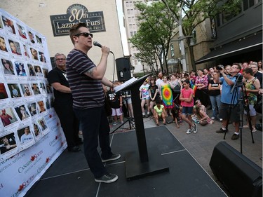 Dan MacDonald delivers a slam poem during a rally for the victims in Orlando, Fla. in Maiden Lane in Windsor on Wednesday, June 15, 2016.