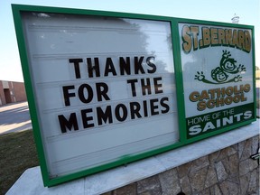 The sign outside St. Bernard Catholic Elementary School in Amherstburg on June 24, 2016, bids farewell. The school is closing at the end of the month.