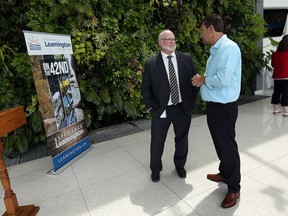 Mayor John Paterson talks with Peter Quiring (right) as the town of Leamington holds an event to launch the new On The 42nd Sip and Savour event in Leamington on Friday, June 3, 2016. The event will replace the cancelled Tomato Festival and will be held Aug. 19-20.