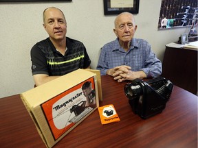 Mike and John Altenhof are photographed May 31, 2016 at J&J Tool and Mold with a Magnajector children's toy they worked on in their early days in Windsor. The company has been operating since 1951.