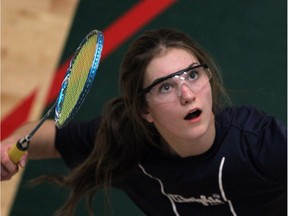 Layne Van Buskirk from Holy Names competes in the WECSSAA badminton championships held at the St. Clair College Sportsplex on April 14, 2015 in Windsor, Ont.