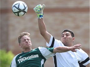 Lajeunesse Royals goalkeeper Serge Saba, right, makes a save in this photo from June 2, 2016. Saba and the Royals were eliminated in the quarter-finals at the OFSAA boys' A soccer championship on June 2, 2017..
