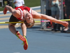 Sabastian Smith from Sarnia Northern High School clears the bar to win the senior boy's high jump event at the  OFSAA Track and Field Championships at the University of Windsor on June 3, 2016.