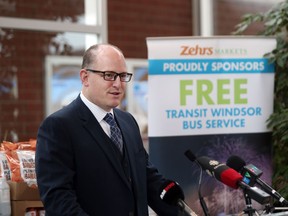 Windsor mayor Drew Dilkens speaks about free transit service offered on fireworks night on June 27. Zehrs Markets has once again stepped forward to provide the free transportation with Transit Windsor after 6pm on fireworks night. JASON KRYK/WINDSOR STAR