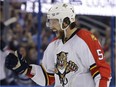 Florida Panthers defenceman Aaron Ekblad celebrates after scoring against the Tampa Bay Lightning during the third period of an NHL hockey game Saturday, Nov. 14, 2015, in Tampa, Fla.