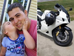 Josh Bennett, 27, of Tecumseh, with his five-year-old daughter Bee and his recently purchased Suzuki GSX-R sport bike in images from Bennett's Facebook page. Bennett died in hospital on July 19 as a result of injuries suffered in a motorcycle crash on Ojibway Parkway on July 15, 2016.