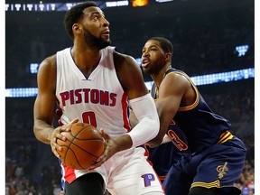 Detroit's Andre Drummond tries to make a move around Cleveland's Tristan Thompson during the 2016 NBA Playoffs at the Palace of Auburn Hills on April 24, 2016.