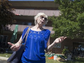 Betty Goodison, a tenant at Plumbrook Manor Apartments, talks about her escape through thick smoke from an apartment fire the previous evening, Sunday, July 10, 2016. 2016.