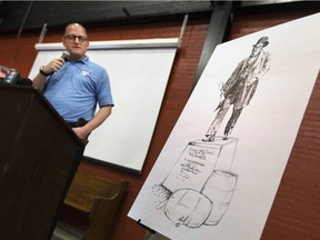 Windsor mayor, Drew Dilkens, unveils a proposed plan to build a statue honouring Hiram Walker during a celebration of Walker's birthday at the Walkerville Brewery, Saturday, July 2, 2016.
