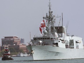 WINDSOR, ONTARIO - SEPTEMBER 5, 2012 - The HMCS Ville de Quebec, a Canadian Navy warship prepares to dock at the Dieppe Park in downtown Windsor, Ont. Wednesday, Sept. 5, 2012. The ship departed Halifax, N.S. in July for a ten week tour of 14 Canadian and American cities along the St. Lawrence Seaway and the Great Lakes. The ship will be docked in Windsor from September 5-10.   (DAN JANISSE/ The Windsor Star)