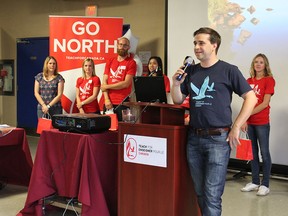 Kyle Hill, executive director of Teach For Canada, addresses a group in Thunder Bay, Ont. in this handout photo.