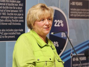 Enwin CEO Helga Reidel speaks during a ceremonial groundbreaking for a new water reservoir at the A.H. Weeks Water Treatment Plant in Windsor, Ont., on June 10, 2016.