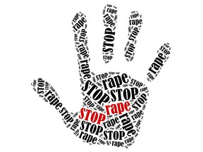 A Stop Rape word cloud illustration in the shape of a hand.