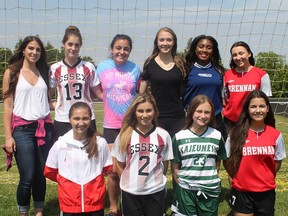 The WECSSAA Tier II senior girls soccer all-stars. Front row, from left: Anicka Quimby (second team), Emma Conely, Megan Murtagh, Haley Straub; back row, from left: Karly Masse, Victoria Willan, Madi Tzimas, Bianne Latinen, Jennifer Muana, Jaclyn French; absent: Kailyn Wade, Tia Calderon, Aleczia Habash, Keele Briand