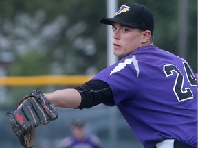 Joel Pierce of the Tecumseh Thunder delivers a pitch during the Ontario Senior Elimination Tournament against Milton on July 29, 2016 at the Lacasse Park.