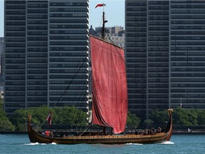 The replica viking ship Draken Harald Harfagre makes its way up the Detroit River in Windsor on Wednesday, July 13, 2016.