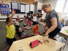 Teacher Megan Knight, right, works with ESL students during a summer program at Dougall Elementary School on Tuesday, July 5, 2016.