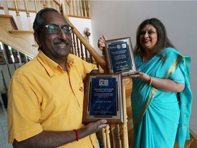 Shiva (left) and Aruna Koushik are photographed holding their Rotary Awards at their home in LaSalle on Wednesday, June 29, 2016. The couple have both been honoured for their work combatting polio.
