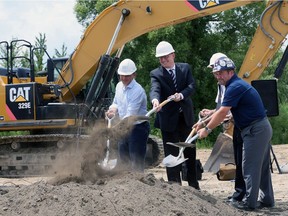 Architect Settimo Vilardi, left, Windsor Mayor Drew Dilkens, Windsor fire Chief Bruce Montone and Matt Soulliere, left, of Loaring Construction are pictured during the groundbreaking ceremony for the combined Fire Hall #6 and Emergency Operations Centre on Provincial Road at Lone Pine Road Monday July 18, 2016. The $6.5 million facility will serve South Windsor and provide adequate space for emergency management.