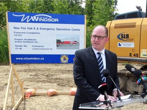 Windsor Mayor Drew Dilkens joined Windsor fire Chief Bruce Montone and other officials during groundbreaking ceremony for the combined Fire Hall #6 and Emergency Operations Centre on Provincial Road at Lone Pine Road Monday July 18, 2016. The $6.5 million facility will serve South Windsor and provide adequate space for emergency management.