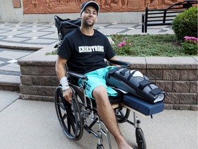 Erik Belanger, who lost his leg in a boating accident, sits outside Windsor Regional Hospital's Ouellette campus on July 26, 2016.