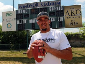 Dallas Cowboys defensive end Tyrone Crawford is shown at Windsor Stadium on July 8, 2016. He is a big supporter of the AKO Fraternity's restoration project.