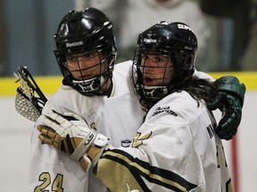 Windsor Clippers Blain Wallace and Andrew Garant celebrate a goal against the Point Edward Pacers during Ontario Junior B Lacrosse action on May 13, 2015 at Forest Glade Arena.