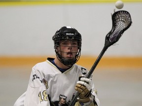 Windsor Clippers Logan Holmes accepts a pass during Ontario Junior B Lacrosse action against the Point Edward Pacers on May 13, 2015 at Forest Glade Arena.