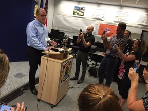 Windsor Mayor Drew Dilkens updates the media on August, 25, 2016 on storm damage from a probable tornado that ripped through Windsor and LaSalle. (Tyler Brownbridge/Windsor Star)
