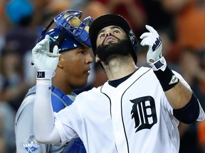 Detroit Tigers' J.D. Martinez celebrates his solo home run against the Kansas City Royals in the seventh inning of a baseball game, Monday, Aug. 15, 2016 in Detroit. (AP Photo/Paul Sancya)