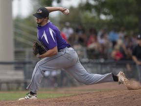 Tecumseh's Chris Horvath pitches against the Niagara Metros during the Ontario senior baseball elimination tournament at Cullen Field on Aug. 1, 2016.