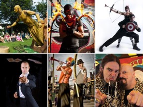 Some of the lineup of performers at Walkerville Buskerfest, Aug. 11 to 14. Clockwise from top left: JOHNman, Seb Whipits, Secret Circus, Monsters of Schlock, Stilt Guys, and Jack Wise.