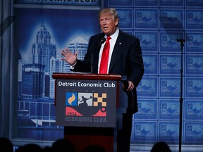 Republican presidential candidate Donald Trump delivers an economic policy speech to the Detroit Economic Club, on Aug. 8, 2016 in Detroit.