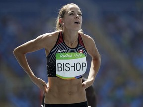 Canada's Melissa Bishop wins a women's 800-meter heat during the athletics competitions of the 2016 Summer Olympics at the Olympic stadium in Rio de Janeiro, Brazil, Wednesday, Aug. 17, 2016.