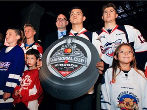 The 2017 MasterCard Memorial Cup committee unveiled the official logo for the tournament on Thursday, August 18, 2016, at the WFCU Centre. Windsor Mayor Drew Dilkens, Windsor Spitfires Michael DiPietro, (C) and Gabe Vilardi along with local minor hockey players are shown with the logo during a press conference.