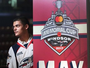 The 2017 MasterCard Memorial Cup committee unveiled the official logo for the tournament on Thursday, August 18, 2016, at the WFCU Centre. Windsor Spitfire goalie Michael DiPietro is shown unveiling the logo during a press conference.
