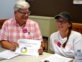 CUPE Ontario president Fred Hahn, left, and CUPE Local 2974 unit chairwoman Lori Wightman speak at the strike food bank in Essex on Tuesday, Aug. 30, 2016, about the results of an Environics poll showing striking Essex County library workers have strong community support. The library workers have been on strike for 67 days.