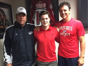 General manager Warren Rychel, left, and coach Rocky Thompson with newest Spitfire Tyler Angle, on Aug. 31, 2016.