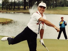 In this file photo, golf pro Don Harrison celebrates a $1,500 eagle putt on the final hole of The Skins Game at Pointe West in 1990. (Windsor Star files)