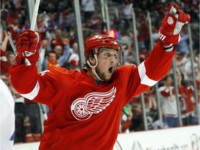 Detroit Red Wings' Justin Abdelkader celebrates his goal against the Toronto Maple Leafs Oct. 9, 2015.