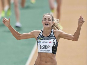 Melissa Bishop crosses the finish line in the senior women's 800 metres at the Canadian Track and Field Championships in Edmonton, Alta., on July 10, 2016.