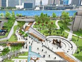 An artist's rendering shows the concept for a pedestrian underpass and plaza below Riverside Drive.